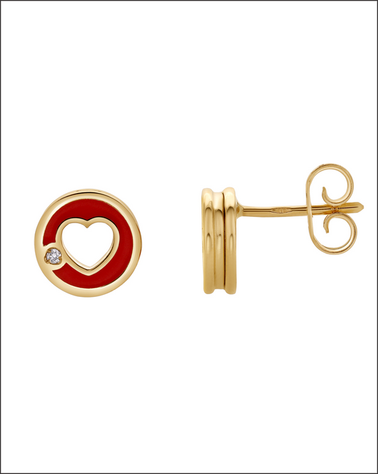 Red enamel and diamond disc studs -14k Solid Gold
