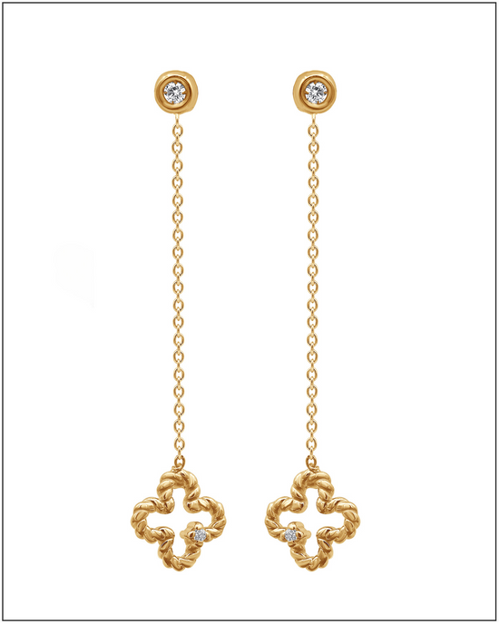 Bezel studs with clover charms (Wear 2 ways) – 14k Solid Gold